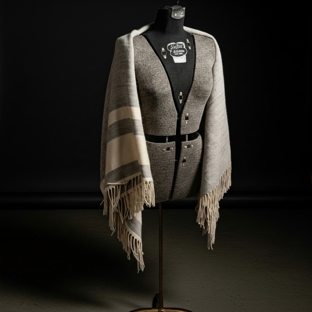 A.N.D. Gray and Cream Four-way Fringed Shawl /Gilet /Wrap /Scarf
